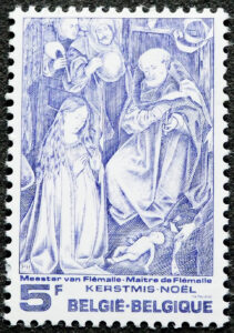 Premier timbre de l’artiste émis pour la fête de Noël de 1976, inspiré du Maître de Flémalle, Robert Campin, peintre primitif flamand, (1378- 1444). P. Huybrechts a reçu pour ce timbre le Grand Prix de la Ville de Bruxelles.